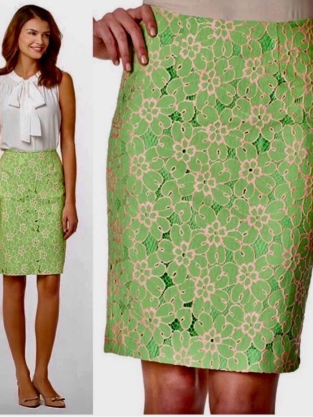 Lilly Pulitzer Green Floral Lace Pencil Skirt